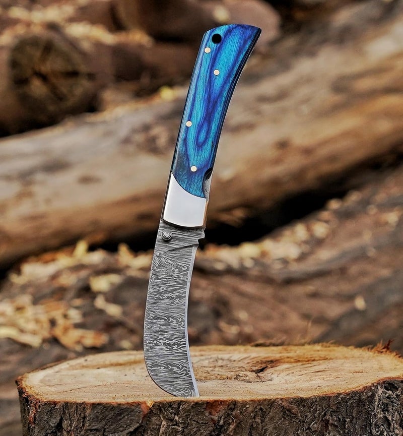 BE BREAK EDGE Hawkbill Knife,Folding Pocket Knife with Curved Blade, Lineman Tools,Blue pakkawood Handle Pattern,Damascus Steel Construction - Image 3